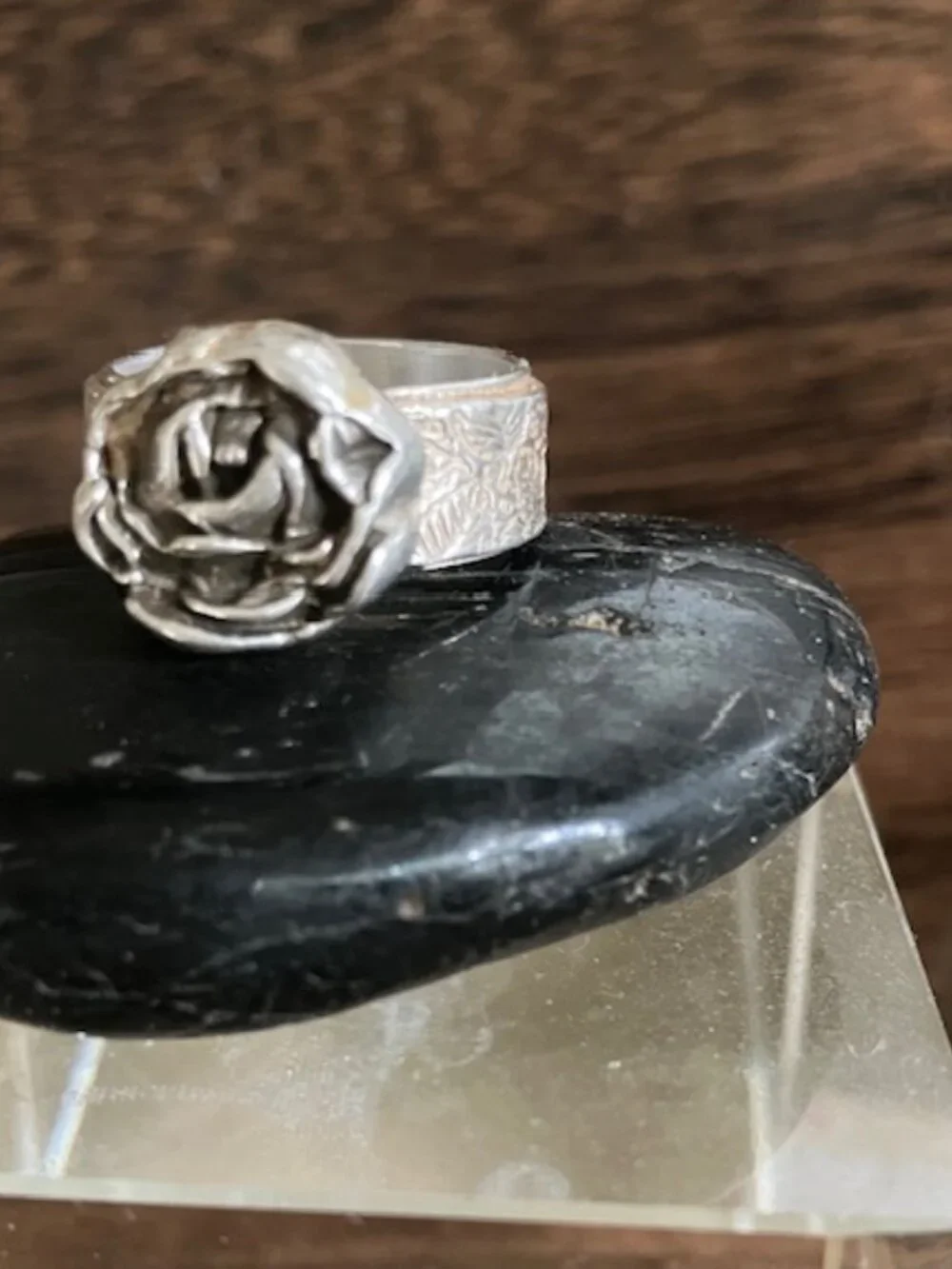 Artisan Rose and leafy band Ring in mixed metals